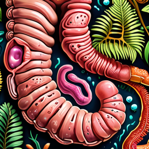 Home 4 A vibrant, colorful illustration depicting the human intestine as a lush jungle ecosystem, teeming with diverse microorganisms. Focus on showing the variety of bacteria and their roles in maintaining health and well-being.