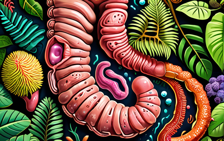 A vibrant, colorful illustration depicting the human intestine as a lush jungle ecosystem, teeming with diverse microorganisms. Focus on showing the variety of bacteria and their roles in maintaining health and well-being.