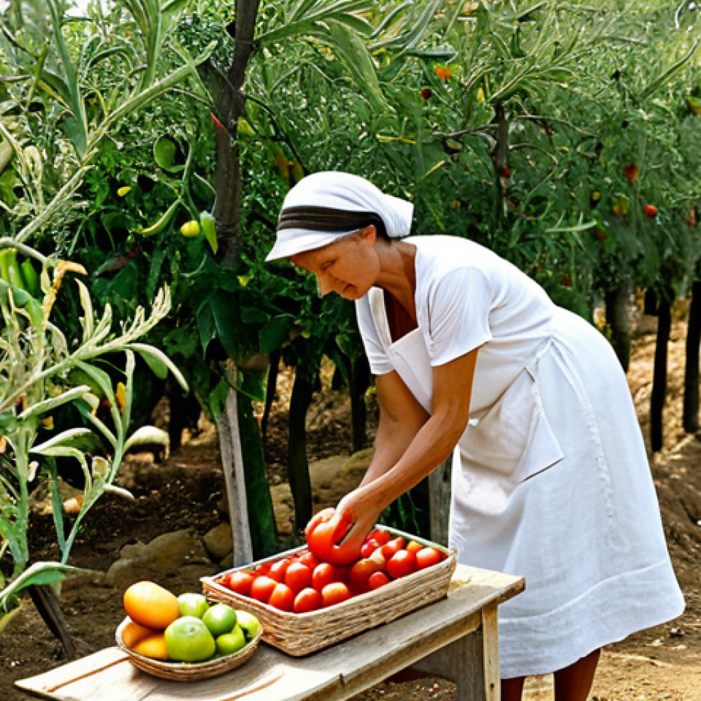 A serene woman, fully clothed in a modest, comfortable linen dress, is gently harvesting fresh, ripe tomatoes in a sun-drenched Mediterranean vegetable garden. Nearby, a rustic wooden table is laden with vibrant, fresh produce: a basket of assorted seasonal fruits, a bottle of extra virgin olive oil, and whole grain bread. The scene conveys a sense of abundance, natural well-being, and connection to the earth. Warm, natural lighting. Perfect anatomy, correct proportions, natural pose, well-formed hands, proper finger count. Professional photography, high quality, safe for work, appropriate content, family-friendly.
