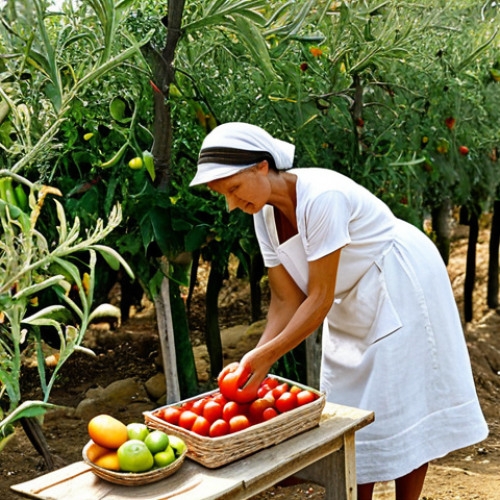 Home 17 A serene woman, fully clothed in a modest, comfortable linen dress, is gently harvesting fresh, ripe tomatoes in a sun-drenched Mediterranean vegetable garden. Nearby, a rustic wooden table is laden with vibrant, fresh produce: a basket of assorted seasonal fruits, a bottle of extra virgin olive oil, and whole grain bread. The scene conveys a sense of abundance, natural well-being, and connection to the earth. Warm, natural lighting. Perfect anatomy, correct proportions, natural pose, well-formed hands, proper finger count. Professional photography, high quality, safe for work, appropriate content, family-friendly.