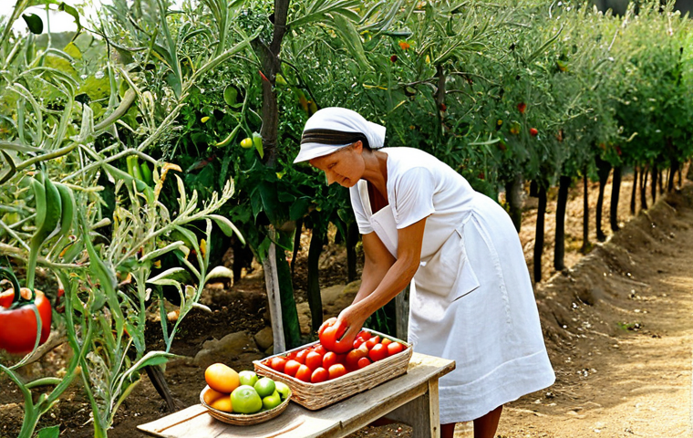 A serene woman, fully clothed in a modest, comfortable linen dress, is gently harvesting fresh, ripe tomatoes in a sun-drenched Mediterranean vegetable garden. Nearby, a rustic wooden table is laden with vibrant, fresh produce: a basket of assorted seasonal fruits, a bottle of extra virgin olive oil, and whole grain bread. The scene conveys a sense of abundance, natural well-being, and connection to the earth. Warm, natural lighting. Perfect anatomy, correct proportions, natural pose, well-formed hands, proper finger count. Professional photography, high quality, safe for work, appropriate content, family-friendly.