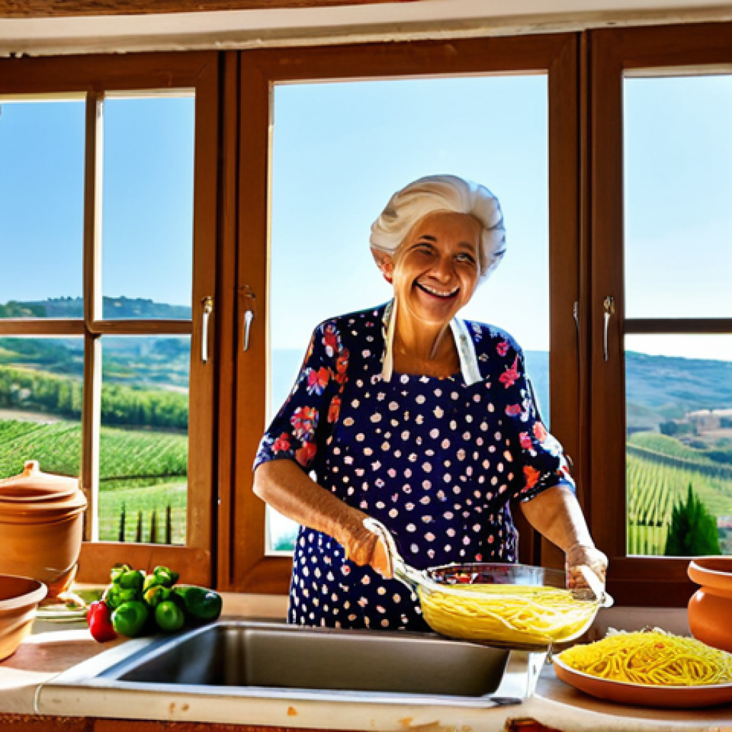 **
"A vibrant Italian grandmother, 'Nonna', in a sun-drenched kitchen filled with fresh ingredients. She wears a colorful, floral dress (fully clothed, modest clothing) and a warm smile as she prepares pasta. The scene includes terracotta pots, olive oil bottles, and a view of the Tuscan countryside through the window. Perfect anatomy, natural pose, professional food photography, safe for work, appropriate content, family-friendly."
**