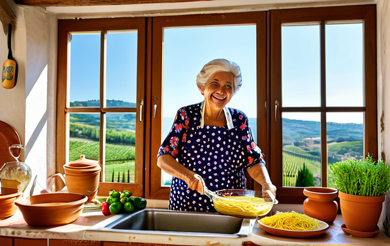**
"A vibrant Italian grandmother, 'Nonna', in a sun-drenched kitchen filled with fresh ingredients. She wears a colorful, floral dress (fully clothed, modest clothing) and a warm smile as she prepares pasta. The scene includes terracotta pots, olive oil bottles, and a view of the Tuscan countryside through the window. Perfect anatomy, natural pose, professional food photography, safe for work, appropriate content, family-friendly."
**